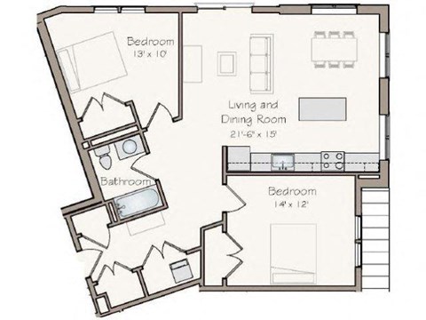 Floor plan for 2 beds, 1 bath, 969 sqft
